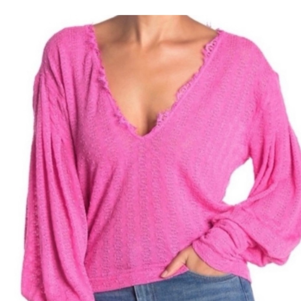 Free People Pink V Neck Sweater Wild Bloom Large Long Sleeve Light Weight